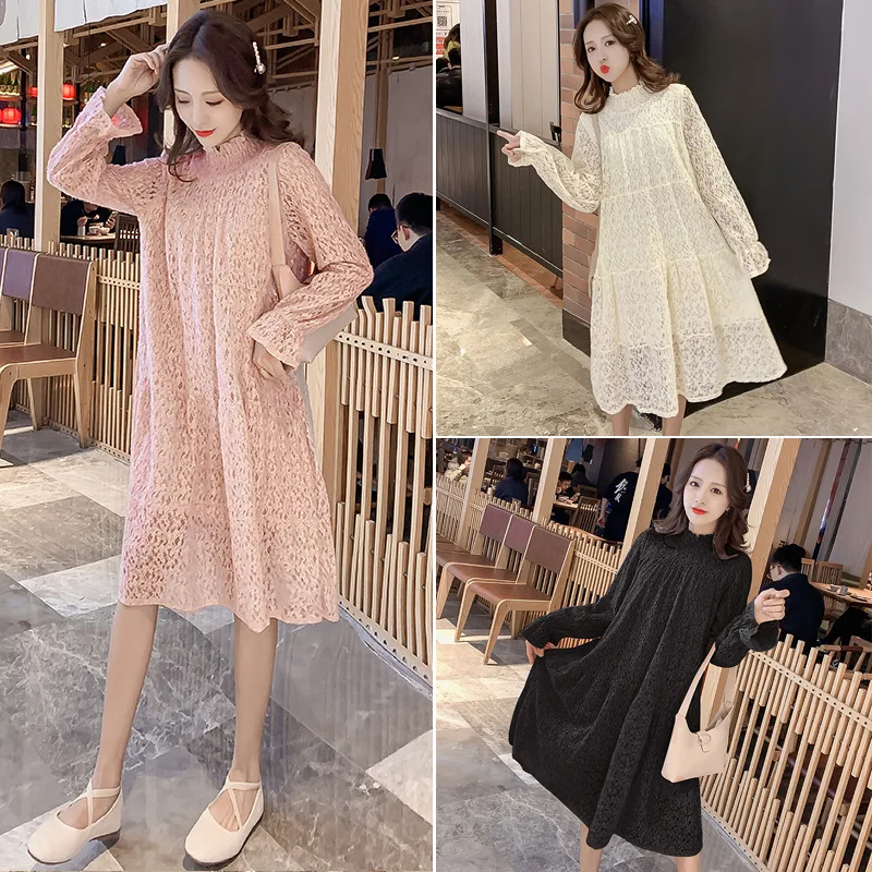

Pregnant Women Spring Clothing Dress Spring And Autumn Lace Dress Mid-length over-the-Knee Bell Sleeve Princess Skirt