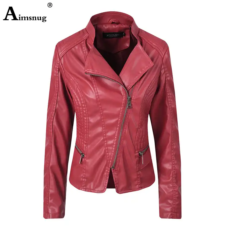 Aimsnug Pu Leather Jacket Black Red Washed Tunic Outerwear Jacket