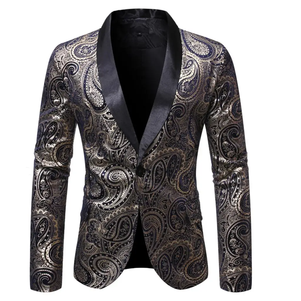 PUIMENTIUA 2019 New Mens Autumn Pirnt Casual Blazers England Style A Buckle Suits Men Blazer Slim Fit Embroidery V-Neck Blazer