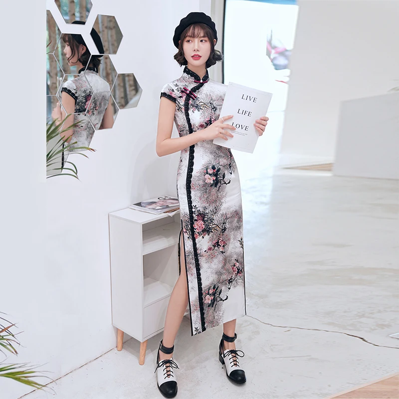 

Lace Split Chinese Style Lady Cheongsam Mid-Long Tight Elegant Dress Ink Flower Lace Vintage Bride Double Layer Skirt