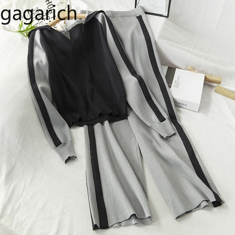 

Gagarich Women Two Piece Set 2019 Autumn New Knitted Long Sleeve Sports Casual Striped Top Wide-legged Pants Female Suit