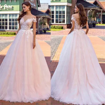 

Pink Wedding Dresses 2021 Scoop Off the Shoulder Bohemia Bridal Gown Lace Appliques Vestidos De Novia Boho Bride Dresses