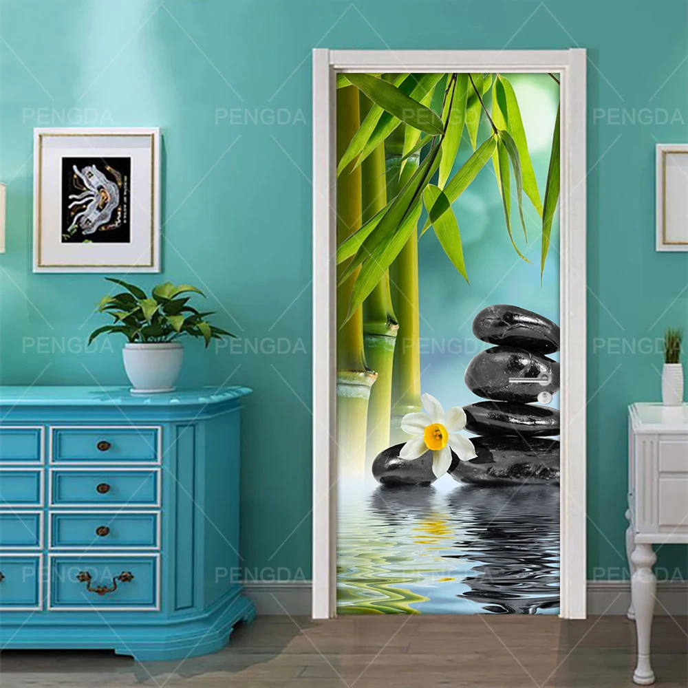 Günstige Selbst Klebe Diy Kunst Aufkleber Aufkleber Hause Tür Stein Blume Bambus 3D DecorRenovation PVC Tapete Drucken Bild für Wohnzimmer