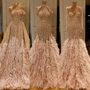 

Glitter Gold Sequin Mermaid Feather African Prom Dresses Long Sleeve One Shoulder Evening Gown Plus Size Graduation Formal Dress