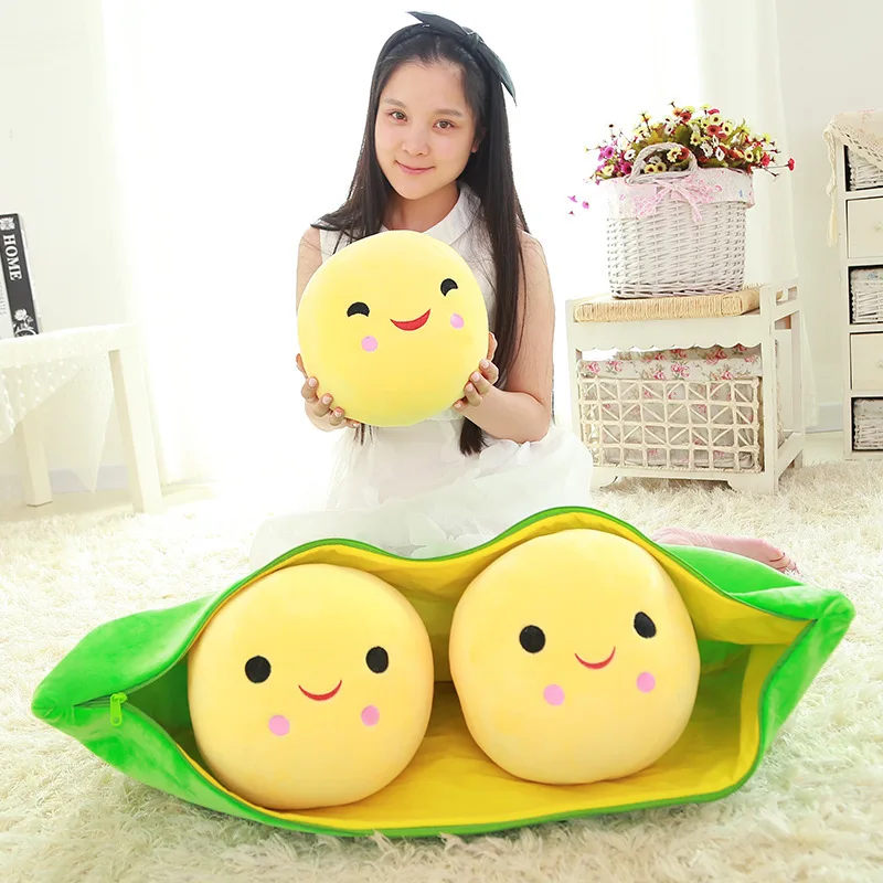 Cute Pods Pea Shape Stuffed Plant Doll 3 Beans with Cloth Case Creative Plush Toy 2 Colors