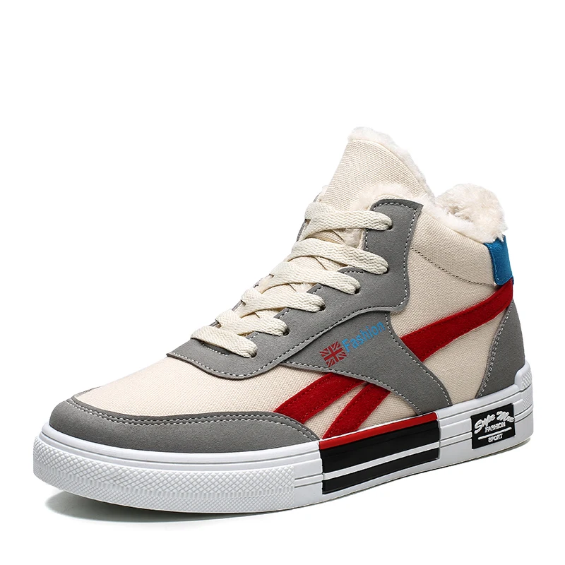 Plush High Top Men Shoes Canvas Casual For Autumn Winter Male Footwear Patchwork Men's Vulcanize Sneaker |