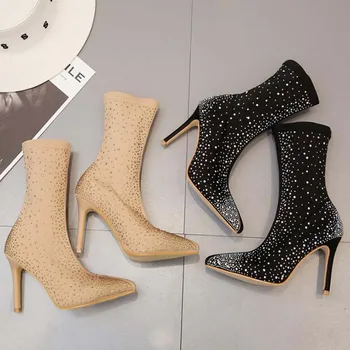 

2020 New Women Ankel Boot Fashion Pointed Toe Sock Boots Women diamond Crystal Stretch Fabric Heel High 9CM Sock Boots Shoes 42