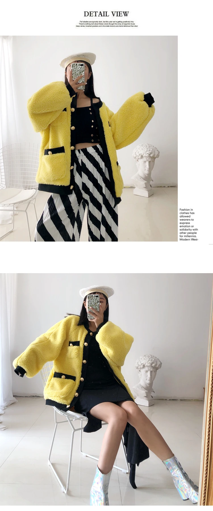 new autumn winter women single breasted loose faux fur coatsgolden buttons o-neck lamb wool jackets w1991