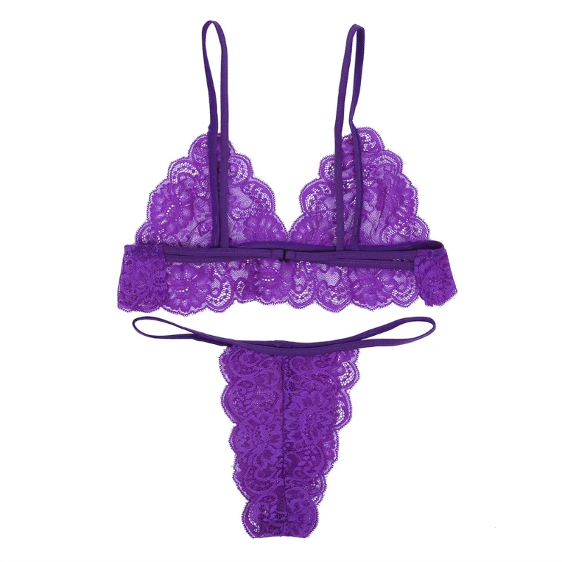 Кружевное нижнее белье, прозрачный бюстгальтер и трусики, набор, Ropa Interior G-string, сексуальное женское нижнее белье, комплект Lenceria Dessous Bh - Цвет: purple