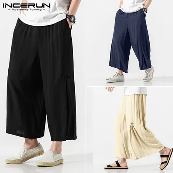 

INCERUN Retro Men Pants Solid Casual Street Joggers Wide Leg Pants Chinese Style Cotton Baggy Elastic Waist Trousers Men S-5XL 7