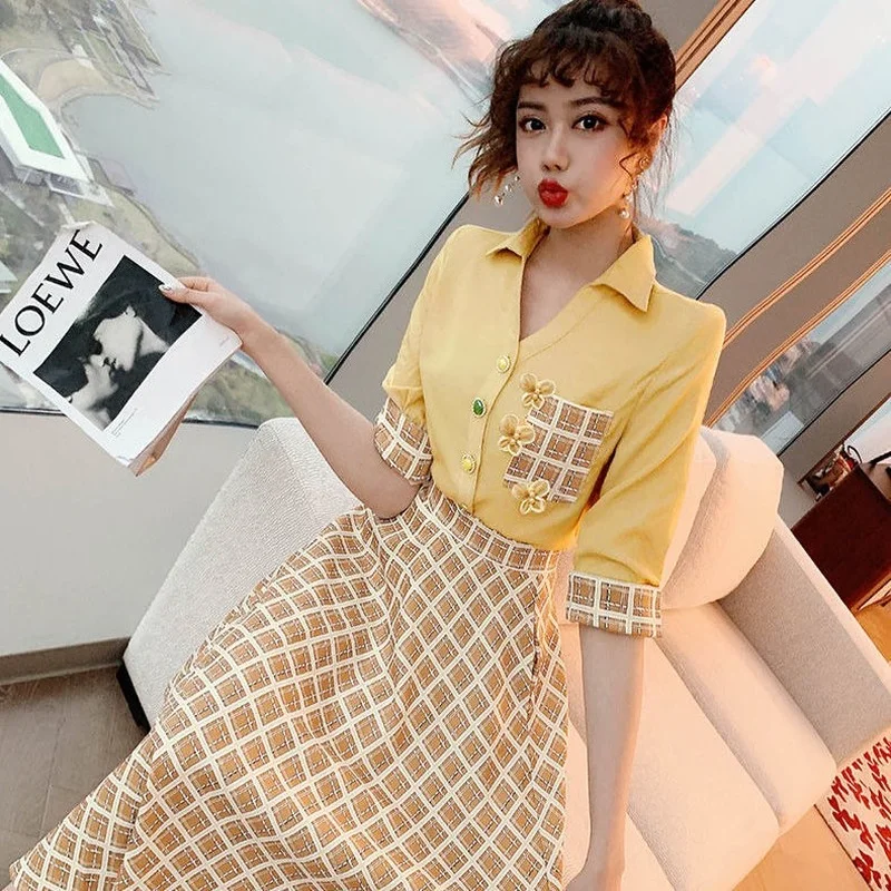 

Harajuku Skirt Suit Dress 2021 Spring and Summer Fashion Shirt Plaid Skirt High Waist Suit Summer Skirt Long Skirt Woman