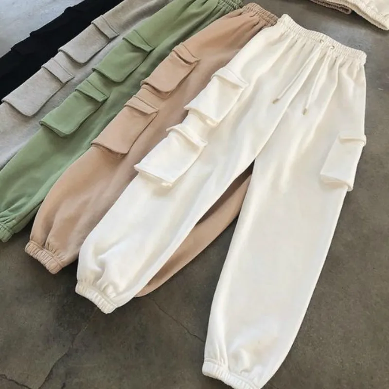 

Women Men Casual Pants Drawstring Elastic High waist Plain Long Trousers Female Solid Straight Pants With Pockets Bottoms S-XXL