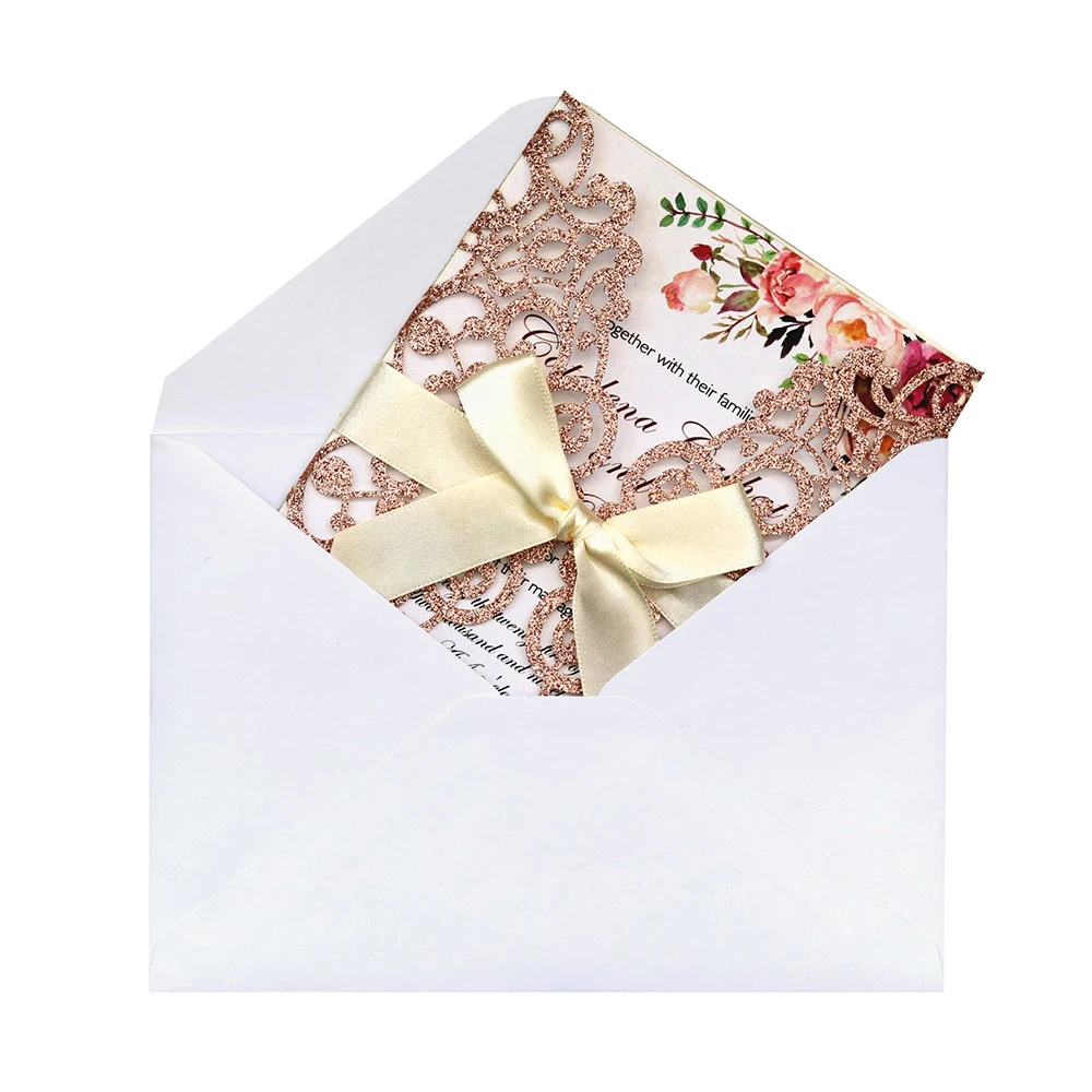  10pcs/Set Exquisite Glitter Paper Laser Cut Wedding Invitation Card With Ribbon Personalized Weddin - 4.00023E+12