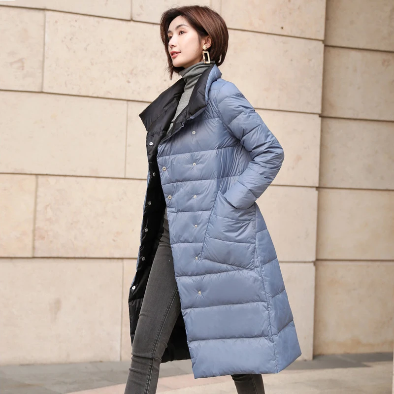 Light Blue and Black Женская зимняя куртка на утином пуху, длинная, толстая, двусторонняя, в клетку, пальто для женщин размера плюс, теплый пуховик, парка для женщин, тонкая одежда - Цвет: Light Blue and Black