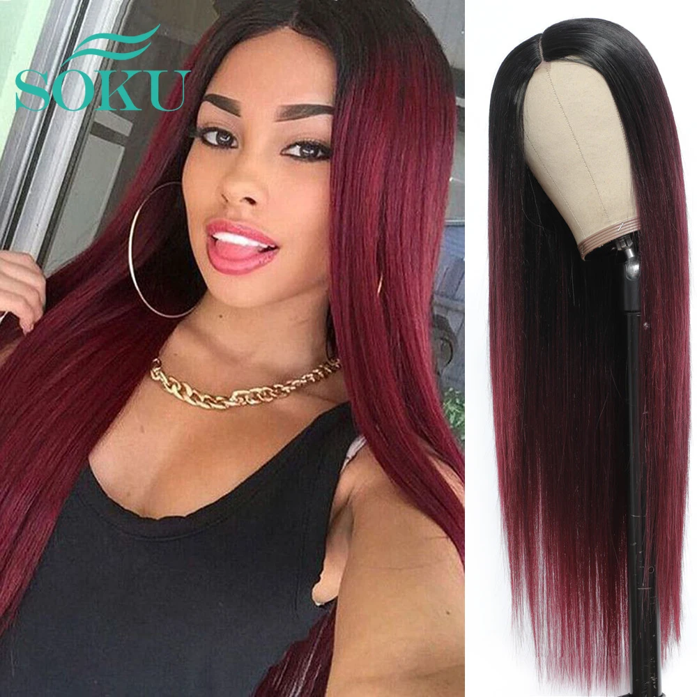Synthetic Straight Lace Wig Ombre Red Color Long Soft Hairstyle SOKU Middle Part Heat Resist Black For Women | Шиньоны и парики