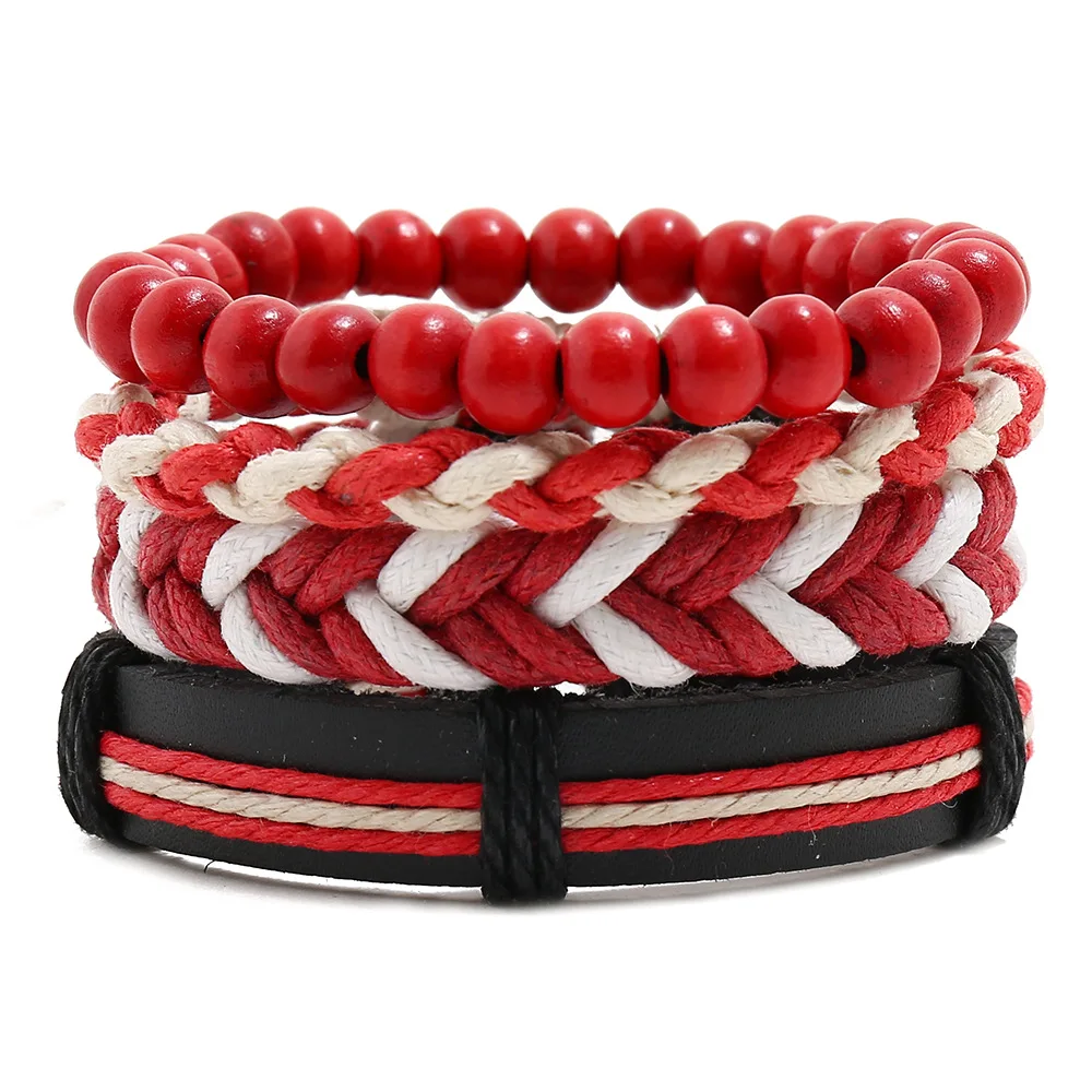 

4PCS/Set Red Bracelet Bangle Set For Woman Wood Bead Black Rope Leather Adjustable Wristband Jewelry Gift Wholesale