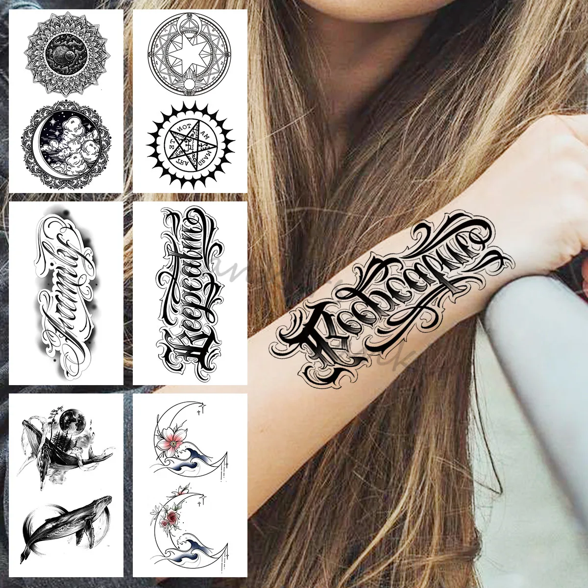 

Black Letters Temporary Tattoos For Women Men Realistic Mandala Astronaut Whale Fake Tattoo Sticker Arm Body Tatoos Waterproof