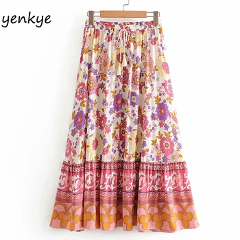 

Summer Skirts Womens Elastic Drawstring High Waist Floral Print Beach Boho Skirt Elegant Lady Casual Pleated Long Skirt Maxi