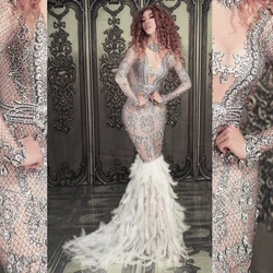 Sparkly Silver Rhinestone White Feather Tail Dress Women Evening Prom Celebrity Party Birthday Long Dresses Singer Stage Costume