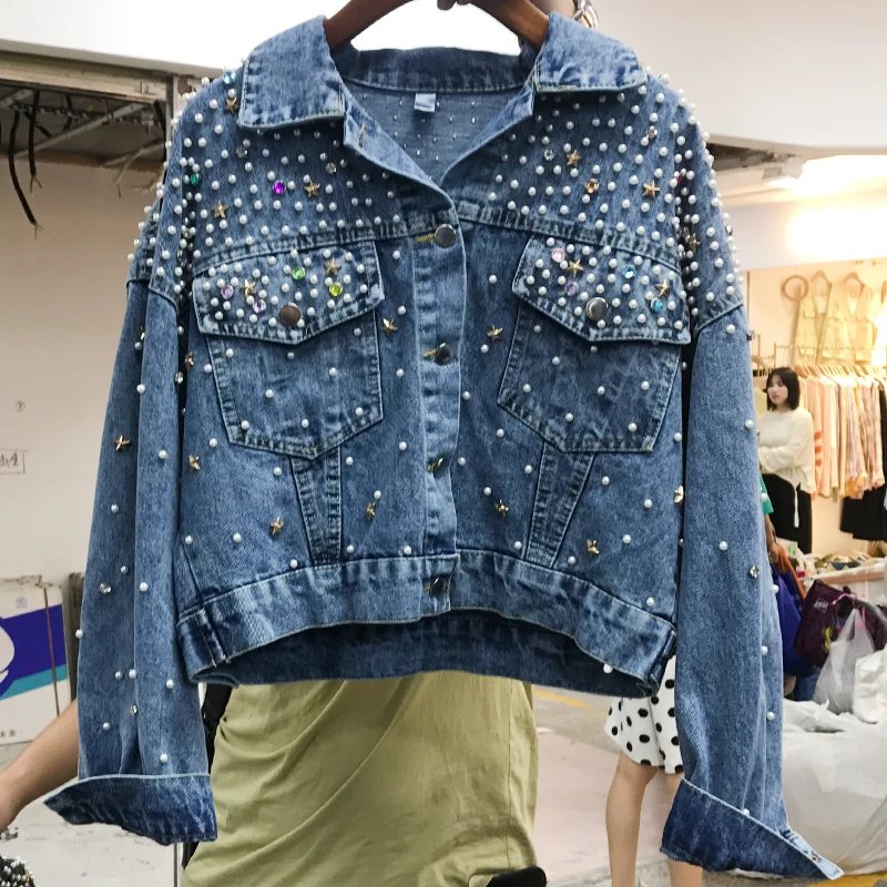 

2019 autumn new long-sleeved loose heavy work beaded diamond denim jacket female short paragraph