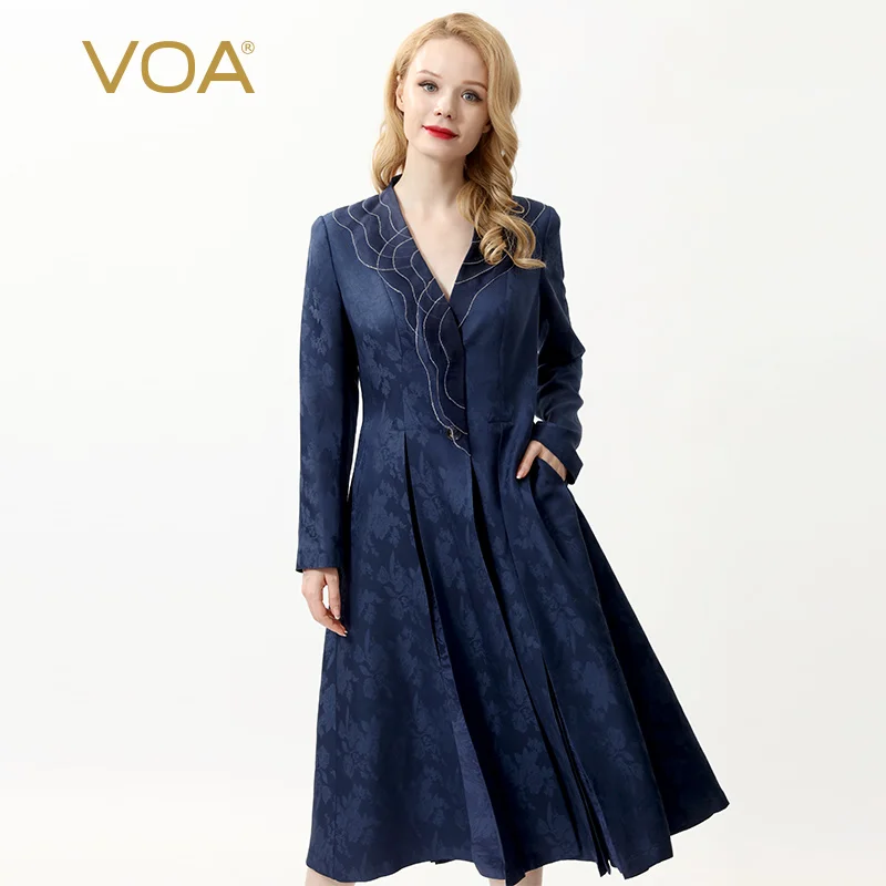 

VOA Deep Blue 38mm Heavy Jacquard Organza Silk Sheet Stitch V-neck Single-Breasted Skirt Silk Trench Coat F567