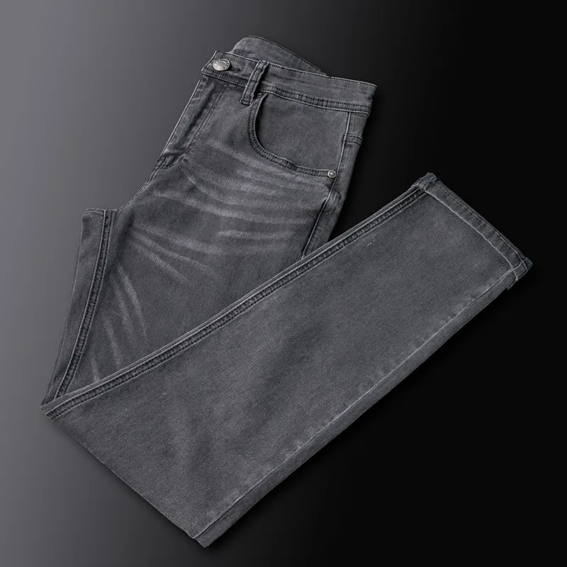 Классические мужские серые синие Стрейчевые джинсы Новая мода Бизнес Slim Fit прямые винтажные джинсовые брюки мужские Брендовые брюки