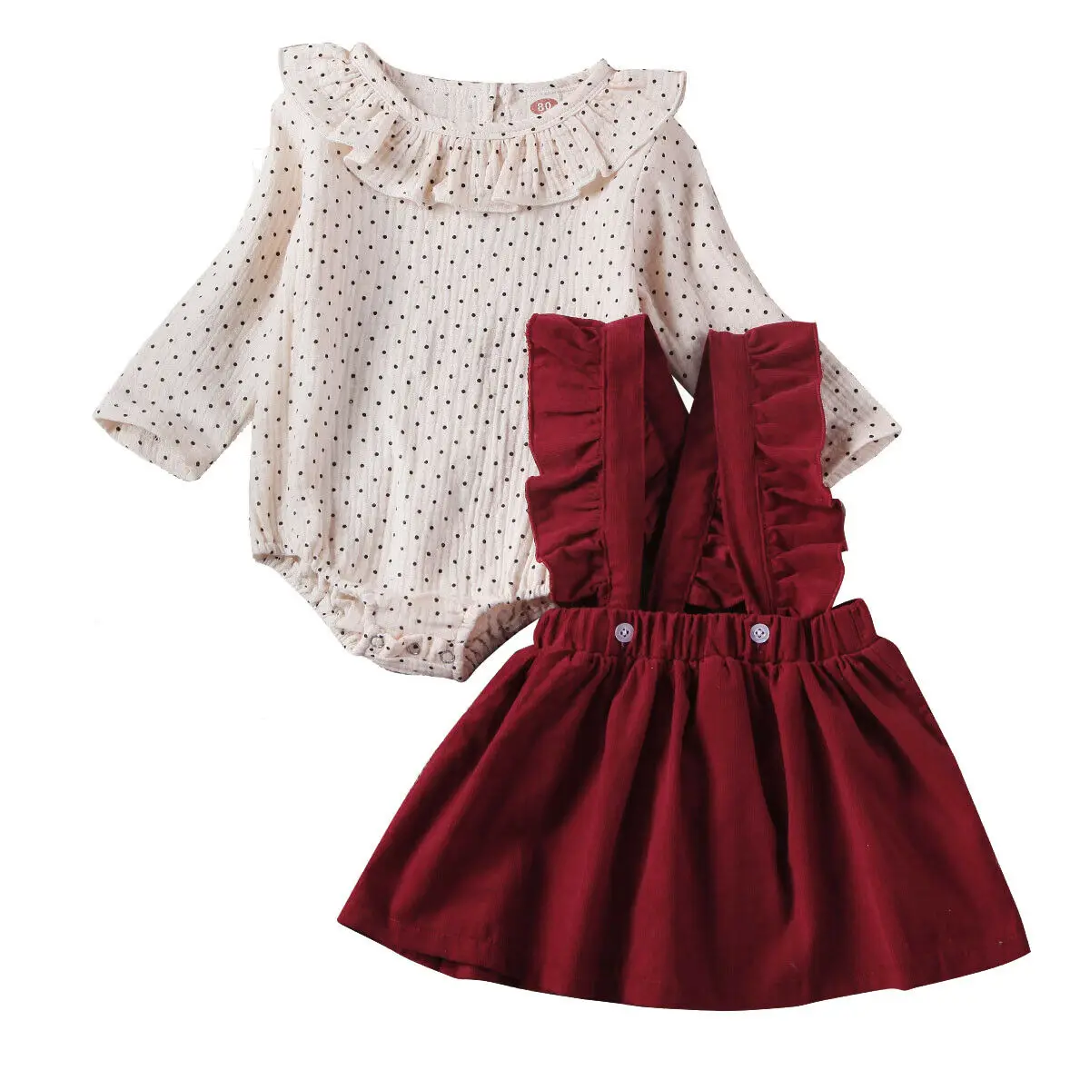 Наборы детской одежды для маленьких девочек от 0 до 24 месяцев комплект из 2 предметов: комбинезон в горошек с оборками+ платье на бретелях - Цвет: Красный