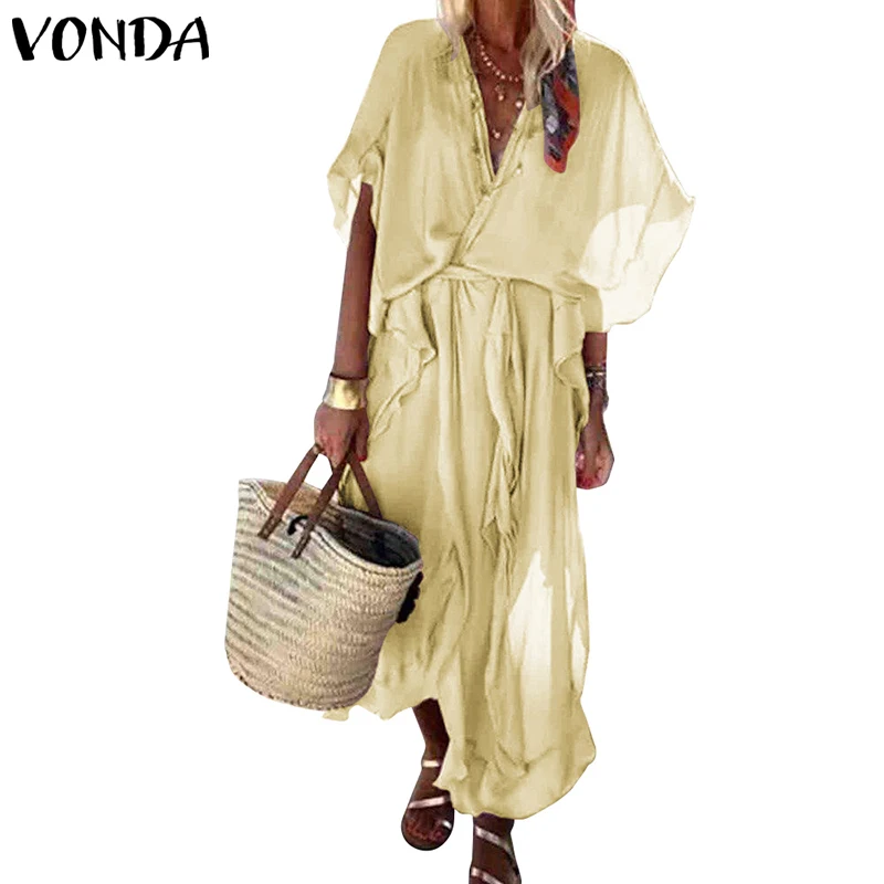 Летнее Длинное Платье Макси, женский сарафан VONDA, праздничное богемное платье с расклешенными рукавами, Пляжное платье размера плюс вечерние платья, Vestido S-5XL