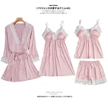 Для женщин на весну и лето/весна/осень-лето ночная рубашка из четырех частей шелковые груди площадку домашний комплект Сексуальная кружевная однотонная цветная Пижама слинг