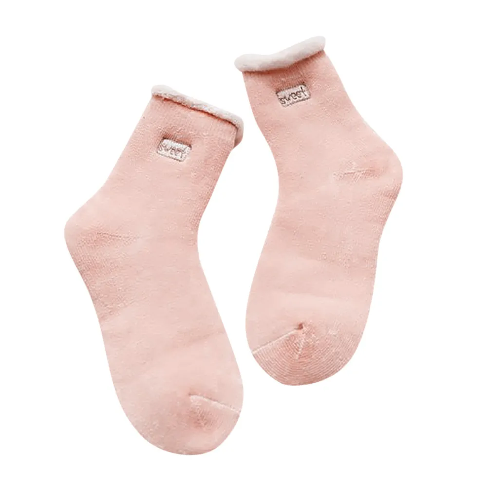 Pink Милые однотонные носки для девочек; зимние толстые теплые носки с оборками и надписями; модные рождественские носки с вышивкой; Прямая поставка - Цвет: Pink