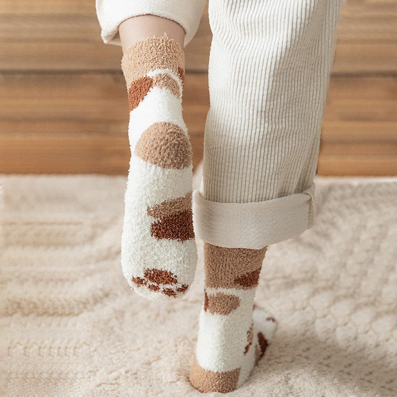 Женские носки из плюша и флиса с рисунком кота и когтей; утепленные осенне-зимние теплые носки; AIC88