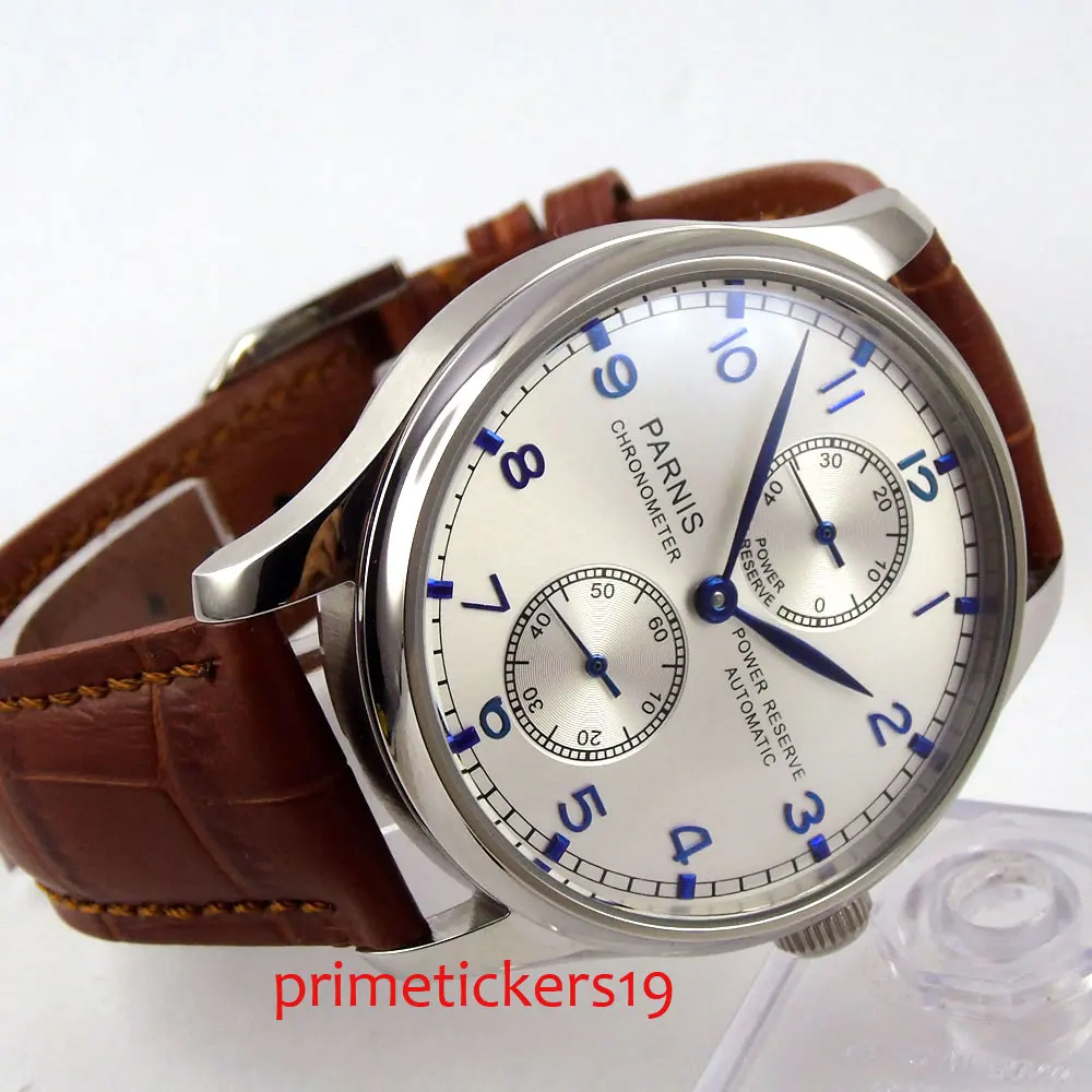 Мужские часы PARNIS с серебристым белым циферблатом и коричневым кожаным ремешком 43 мм