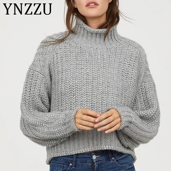 

YNZZU Turtleneck Warm Knitted Sweater Women 2019 Autumn Winter Solid Lantern Sleeve Loose Female Jumpers Casual Pull Femme AT345