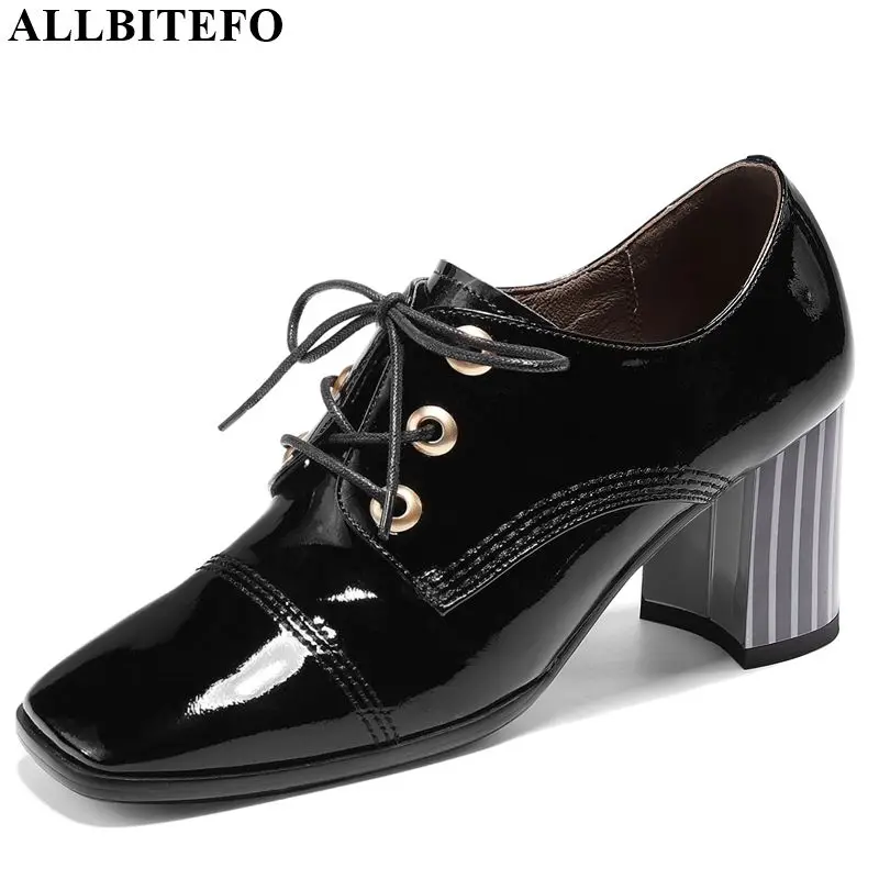 ALLBITEFO hot sale genuine leather women heels spring autumn Pure color comfortable high heel shoes Frenulum office ladies shoes