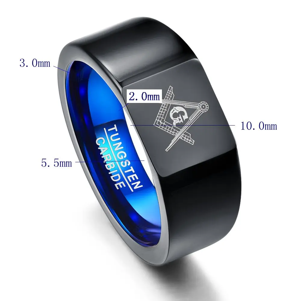 Personality 10mm Retro Big Head Style Tungsten Carbide Rings Vacuum Plating Black with Blue Rings Laser Masonic Sign  Jewelry