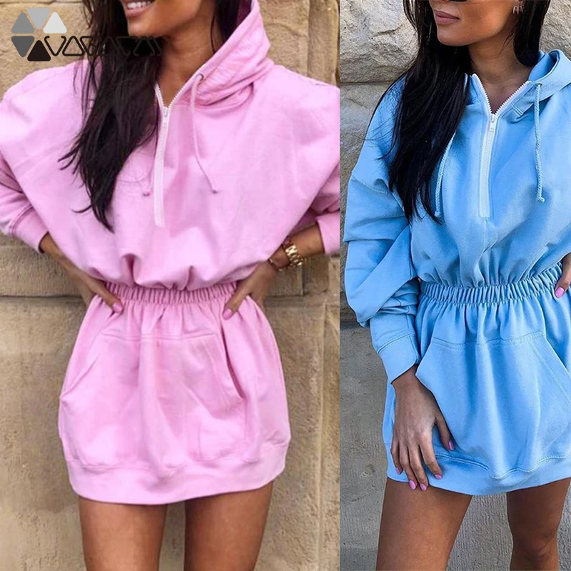 

2020 Women Mini Dress Long Sleeve Zipper Elastic Waist Casual Fall Dresses Solid Color Pockets Vestidos Party Streetwear