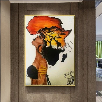 

Abstract African Map Woman Sunset Canvas Painting Posters and Print Quadro Wall Art Picture for Living Room Cuadros Home Decor