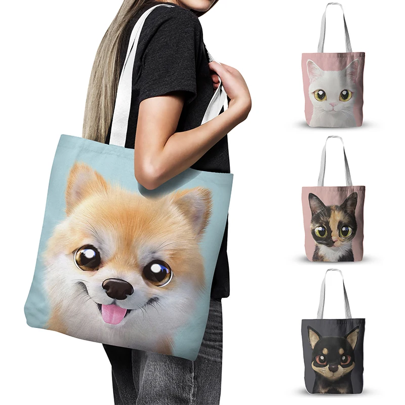 

New Animal Pattern Canvas Bag Cute Cat Handbag Women Shopping Bag Korean Simple Tote Bag Reusable Large Capacity Storage Bag