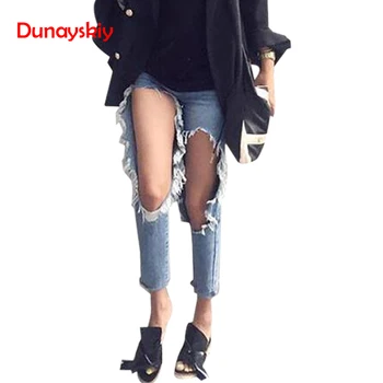 

Dunayskiy Loose Streetwear Denim Slim Pants Casual Hole Cut Out Mid Waist Distressed Cropped Female Jeans Harem Pants Trousers