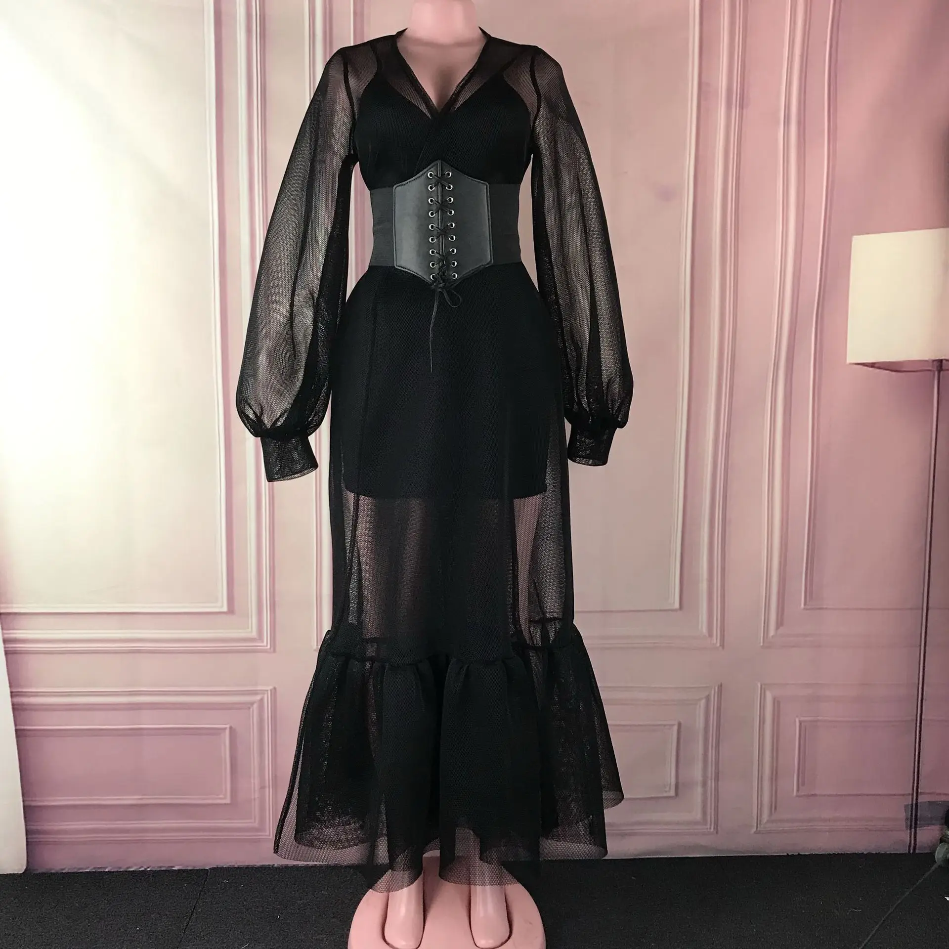 Черное платье из 2 предметов, Сетчатое Прозрачное платье с v-образным вырезом, с рукавами, для женщин, с бретельками, облегающее платье, прозрачный комплект из двух предметов