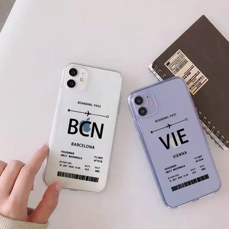 Персонализированный Чехол для телефона с билетом самолета прозрачный iPhone 11 12 13