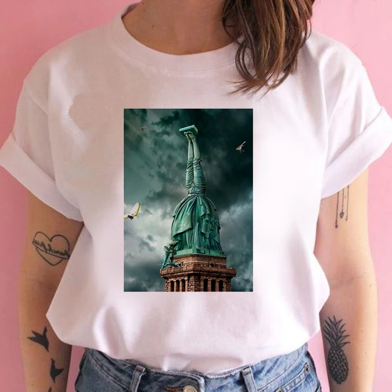 Fashion Women T Shirt Harajuku  Statue of Liberty Tshirt 90s Painting Ulzzang Casual Tops Tees T-shirt Female Clothes