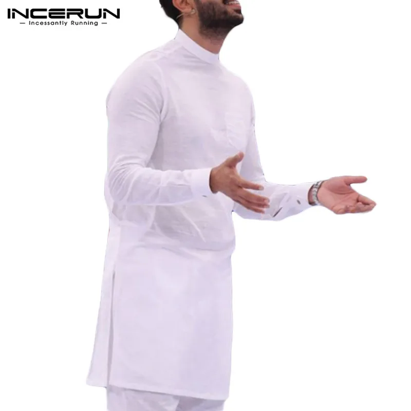 INCERUN Fashion Men T Shirt Solid O Neck Long Sleeve Pockets Hip-hop Tops Pakistan Casual Indian Long T-shirt Men Clothing