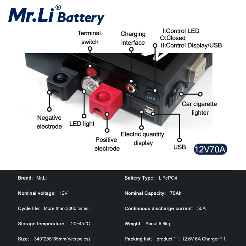 Mr.Li 12V 70Ah LiFePo4 порт аккумулятора способный Открытый аварийный источник питания с