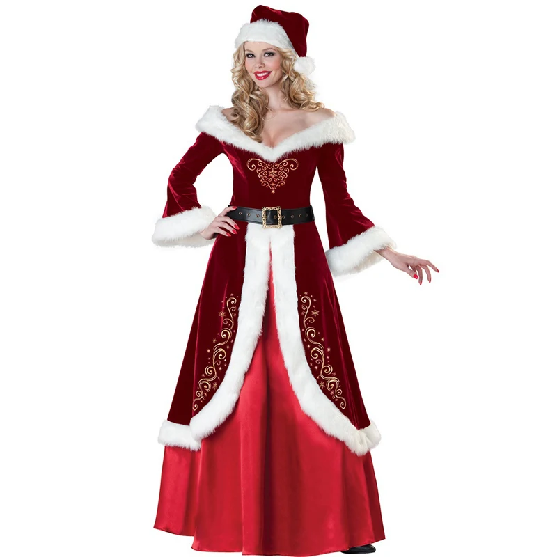 Красный бархат Рождество косплей женский сексуальный маскарадный костюм и костюм Санта Клауса Взрослый мужской костюм Новогодняя праздничная одежда плюс размер 6XL