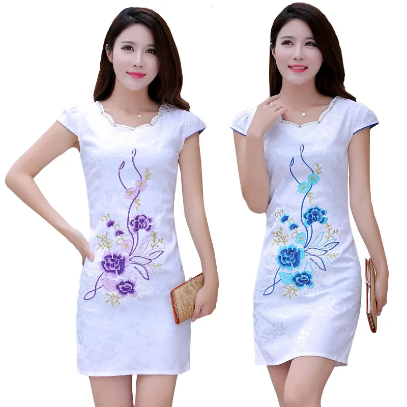 Summer New Style Women's Modern Improved Cheongsam Slim Fit Slimming Beads Crew Neck Short Sleeve Embroidery Cheongsam Dress