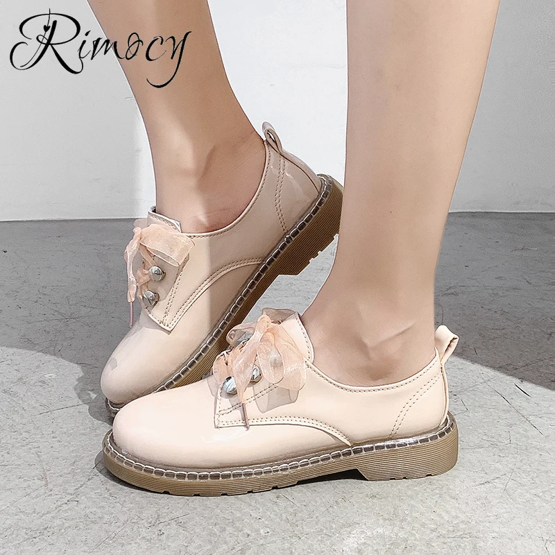 

Rimocy Spring Autumn Elegant Patent Leather Oxfords Women Flat Pink Shoes Woman Casual British Style Retro Riband Black Flats