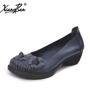 

Casual Women Shoes Brand Genuine Leather Medium Heels Slip On Handmade Round Head Female Shoes Blue Red Xiangban