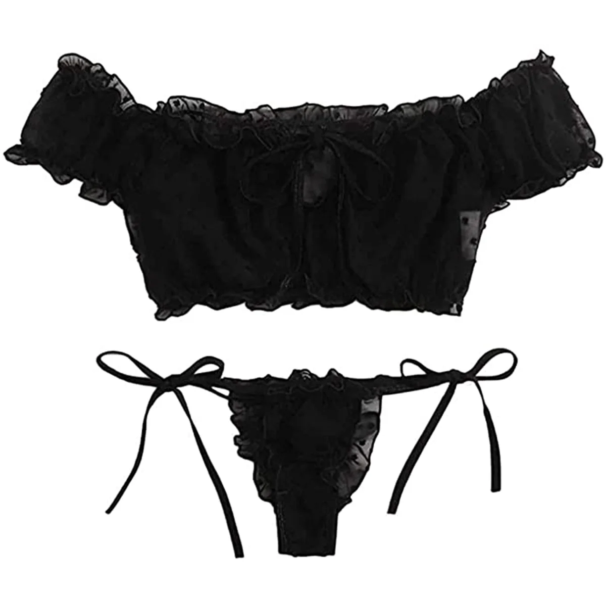 

Mew Two Pieces Sexy Women Nightwear Set Sexy Off Shoulder Ruffle Trim Lingerie Set Bra Panty