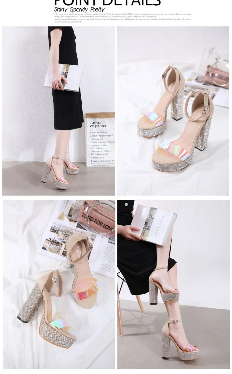 Hokszvy Summer Women Ctystal Wedding Pumps Classic Word Rhinestone Chunky-Heel 13.5cm High-Heel Sandals 4.5cm platfrom JXQ